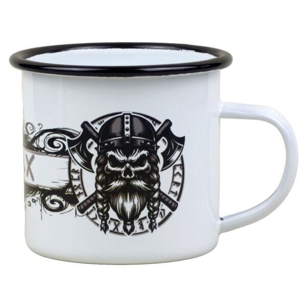 Emaille Tasse mit Wikinger Totenkopf und Runenschrift ‚Viking‘, 300ml