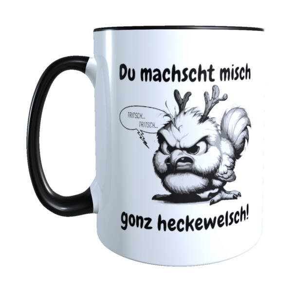 Elwedritsche Kaffeebecher mit Spruch auf Pfälzisch 'Du machscht misch gonz heckewelsch'