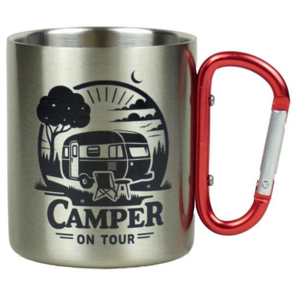 Edelstahl-Tasse mit Karabinergriff ‘Camper on tour’ – Outdoor-Becher für Reise und Camping, 330ml