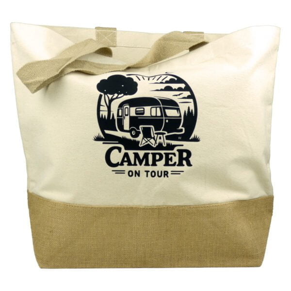 Jutetasche Canvas Shopper XL mit Camping Motiv und Spruch ‘Camper on Tour’ | Tolles Camping Geschenk