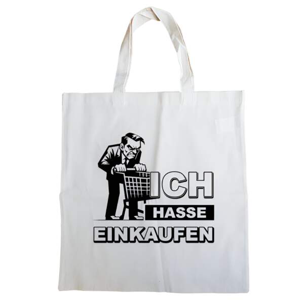 Witzige Einkaufstasche mit Spruch ‘Ich hasse Einkaufen’ – Aus Baumwolle, 38×42 cm